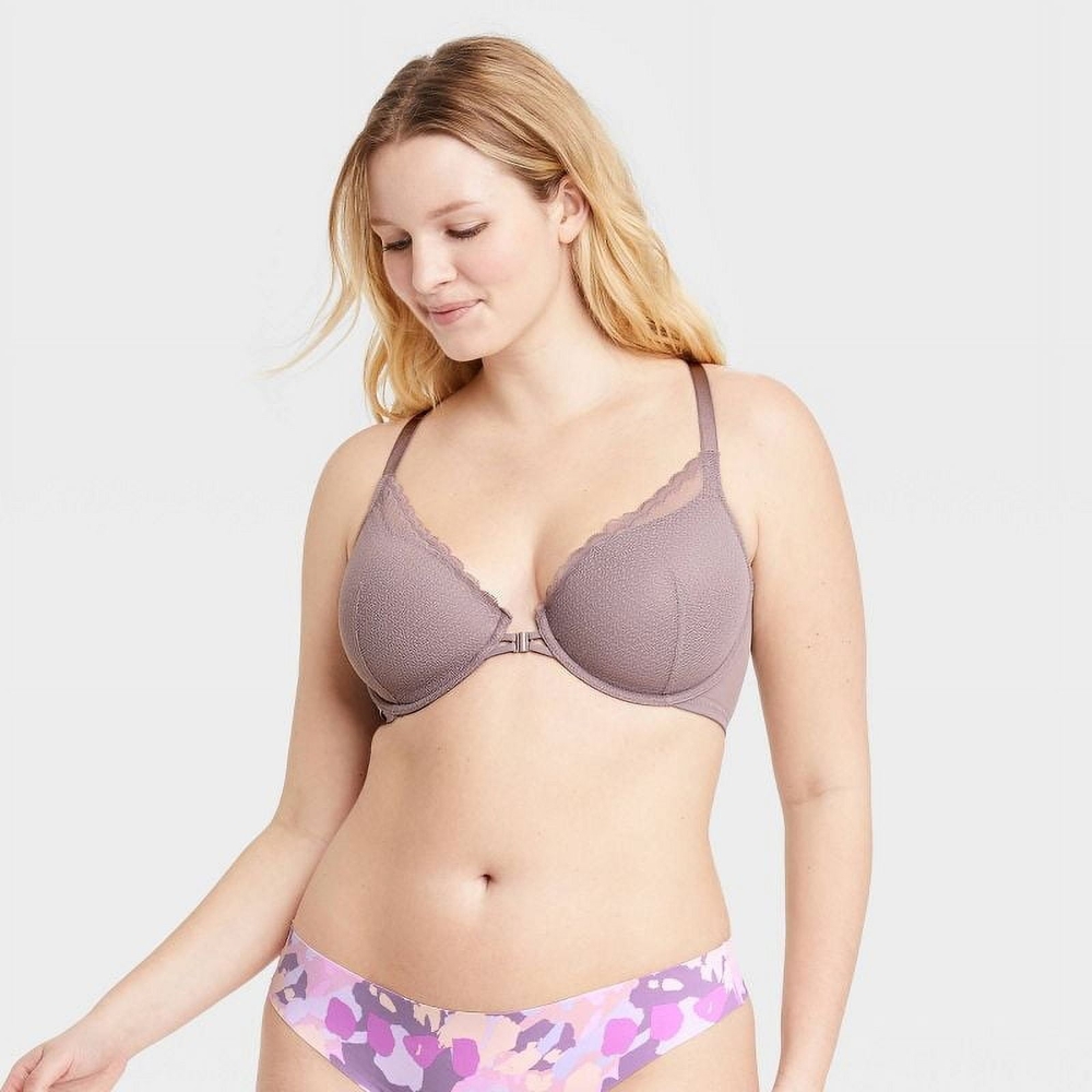 Auden Lightly Lined Demi Coverage Heather Gray Lace Racerback Bra Front Closure